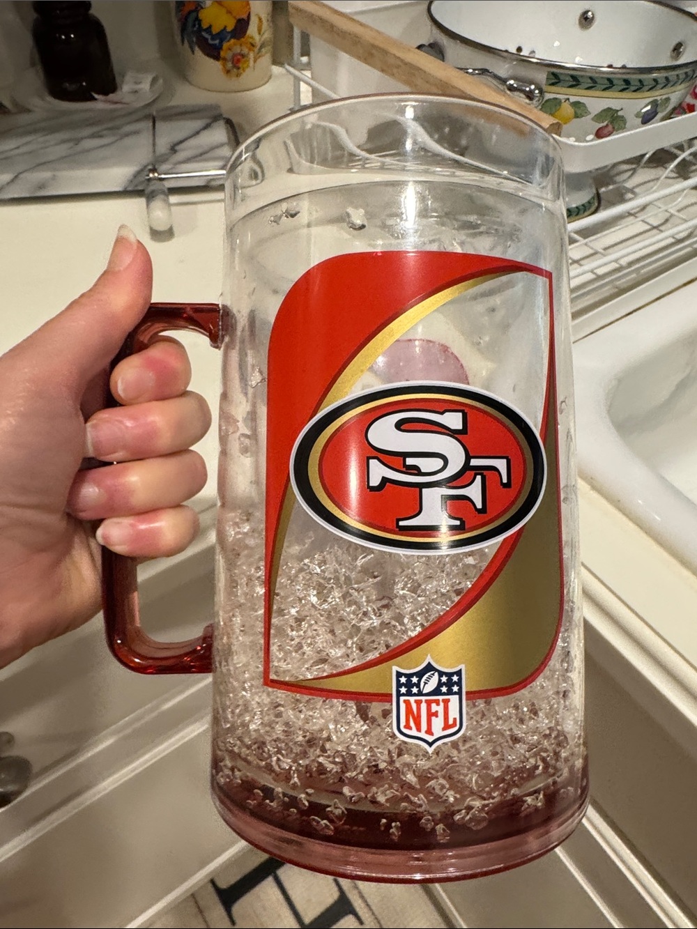 San Francisco 49ers Glass Beer Stein with Red and Gold Accents